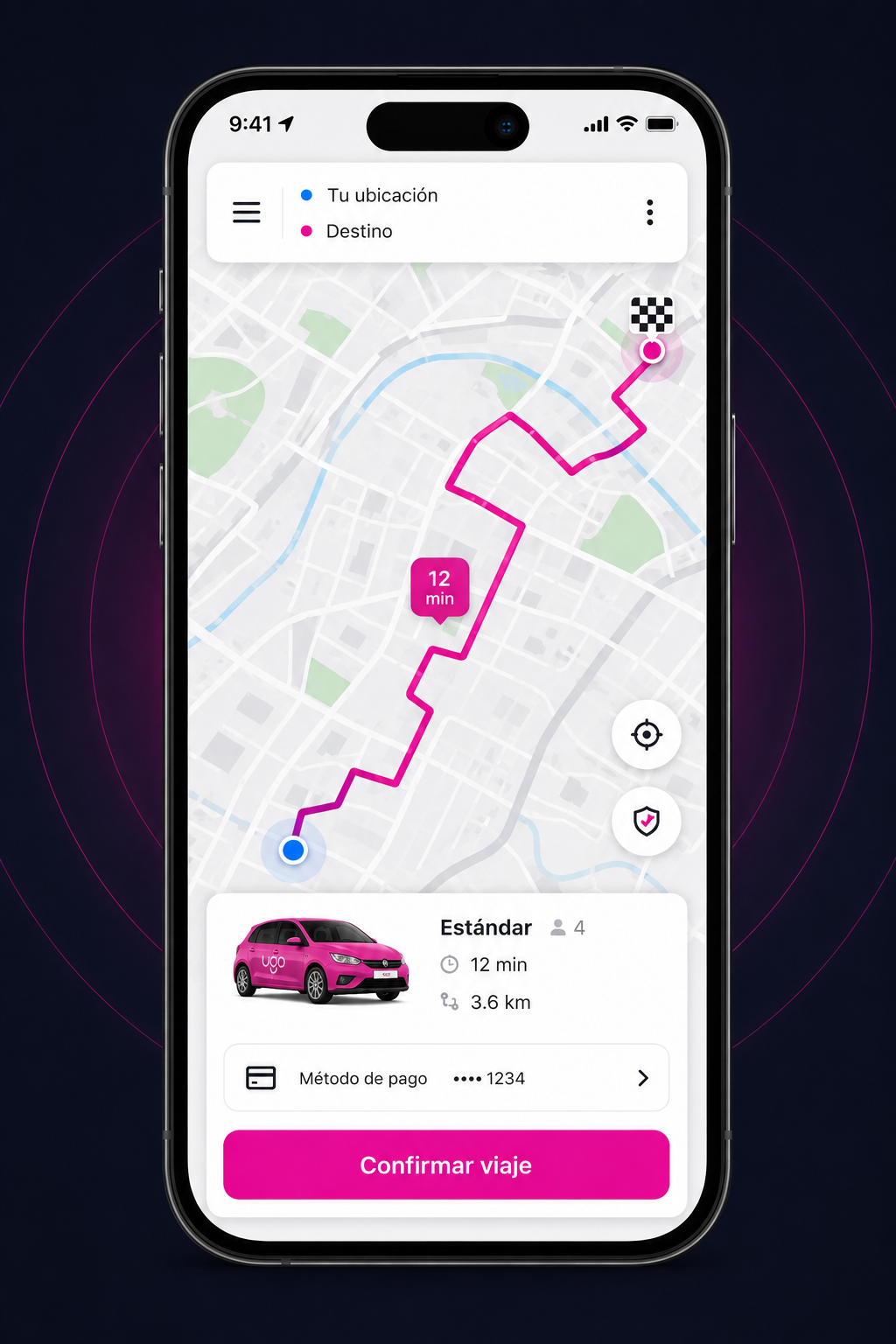 Vista conceptual de la aplicación UGO para pasajeros