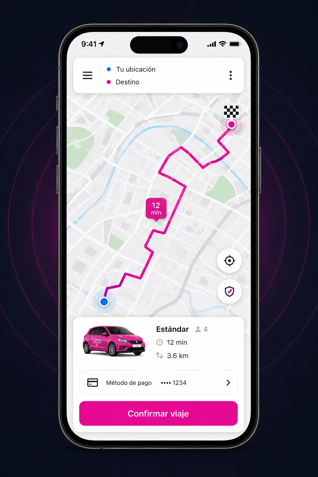 Vista conceptual de la aplicación UGO para pasajeros